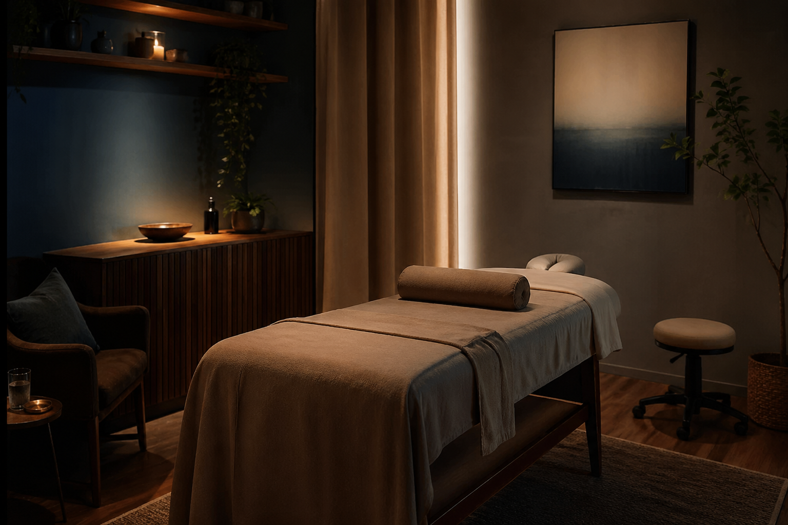 Ambiente preparado para sessão de massagem corporal integrativa